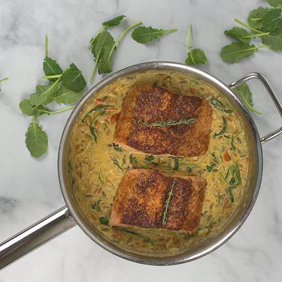 Creamy Kale and Salmon in Orzo - Recipe photo by agourmetfoodblog