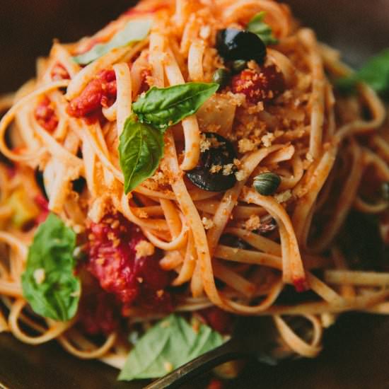 Pasta Puttanesca - Recipe photo by athoughtforfood