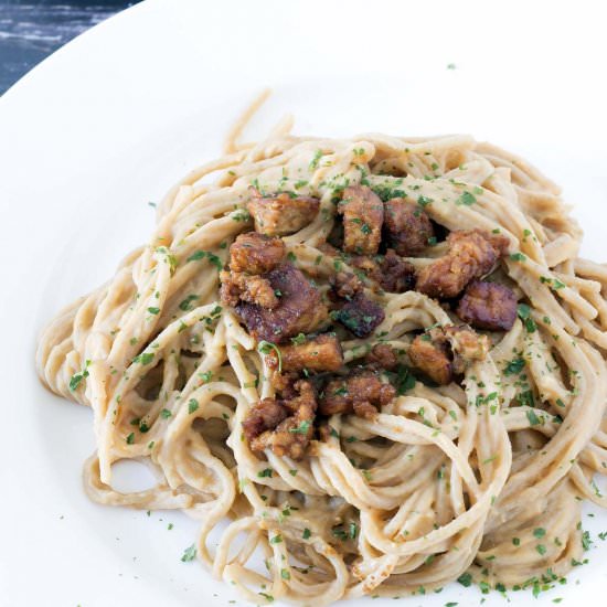 Vegan swede carbonara tempeh bacon - Recipe photo by Mandy Sneaky Veg