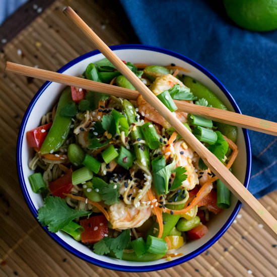 Edamame Spaghetti with Shrimp - Recipe photo by whattheforksfordinner