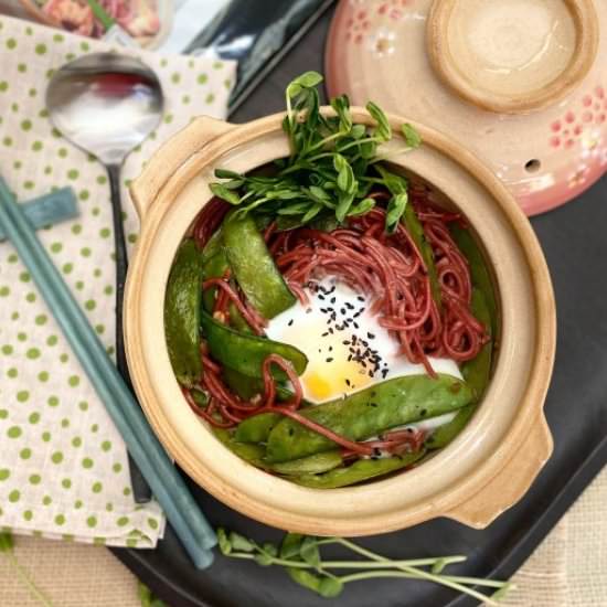 Red Rice Ramen with Snow Peas - Recipe photo by athomewithrebecka
