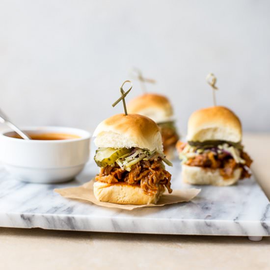 Hot Honey Pulled Chicken Sliders - Recipe photo by thebeachhousekitchen