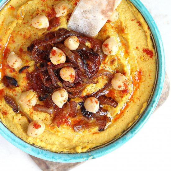 Hummus Caramelised Onion Turmeric - Recipe photo by glutenfreealchemist