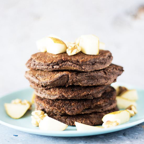 Coconut, pear & chocolate pancakes - Recipe photo by Mandy Sneaky Veg