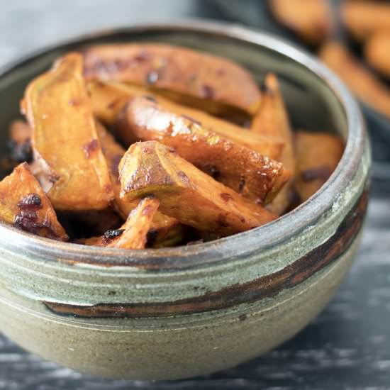 Spicy sweet potato wedges - Recipe photo by Mandy Sneaky Veg