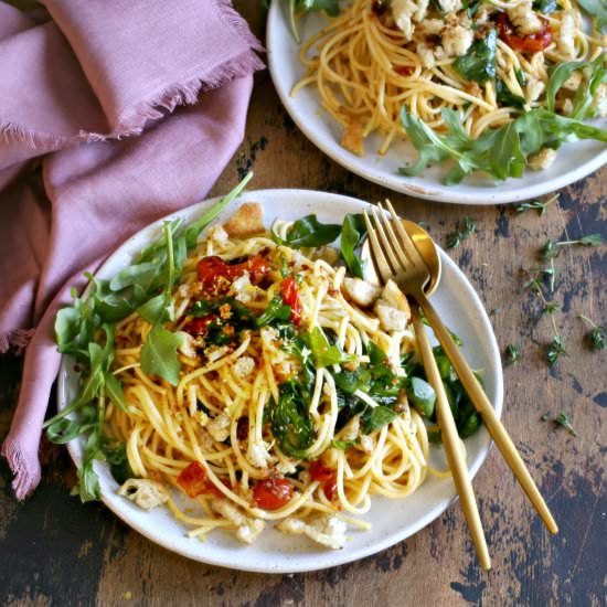 Spaghetti, Arugula & Tomato Confit - Recipe photo by Hungry Couple