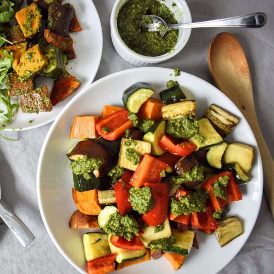 Chunky Pesto Roasted Veggies - Recipe photo by basicallyhealthy