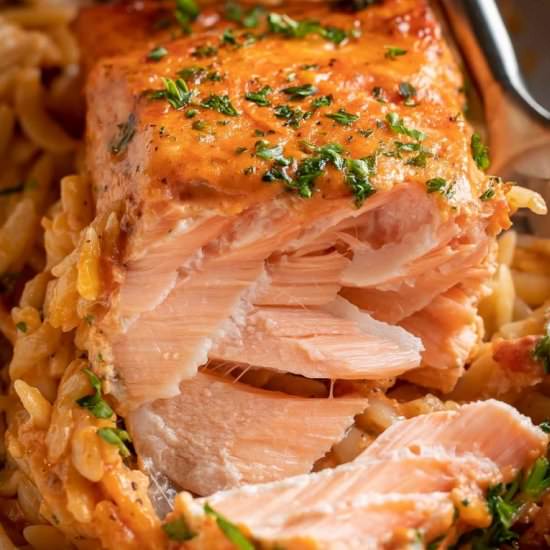 Roasted Salmon with Orzo - Recipe photo by letthebakingbegin