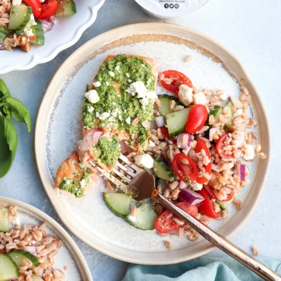 creamy yogurt pesto baked salmon - Recipe photo by Caits Plate