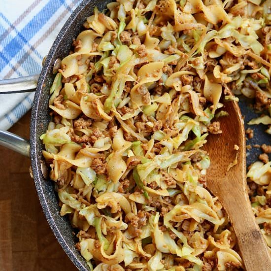 Cabbage & Noodles with Vegan Bacon - Recipe photo by Cheeky Chickpea