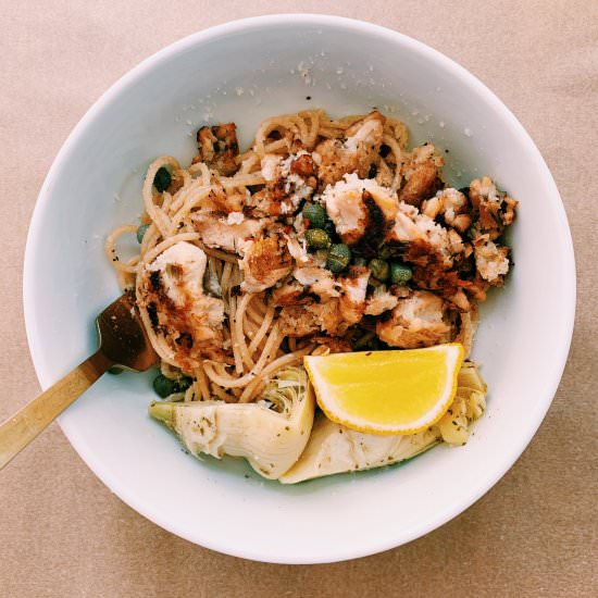 Garlic Pasta with Crispy Salmon - Recipe photo by thefigjar