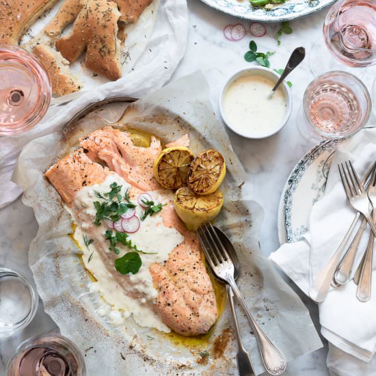 Roast salmon with shallot yoghurt - Recipe photo by Bibbyskitchenat36