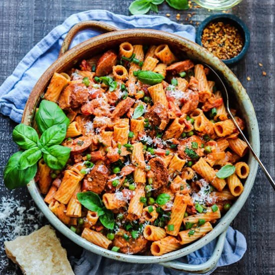 vodka rigatoni w/ sausage & peas - Recipe photo by Give it Some Thyme