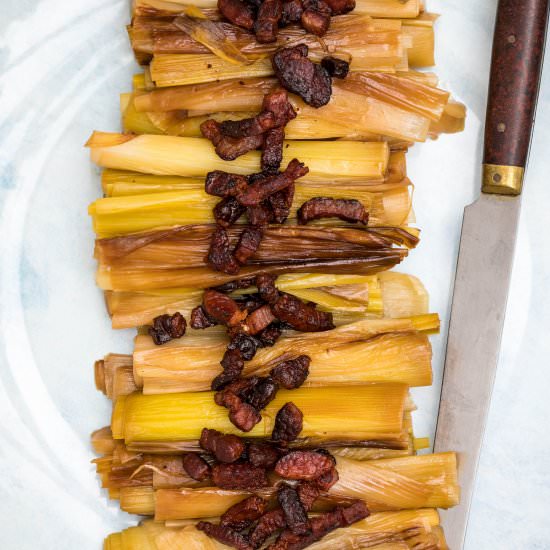 Braised Leeks with Crispy Bacon - Recipe photo by Chef Molly