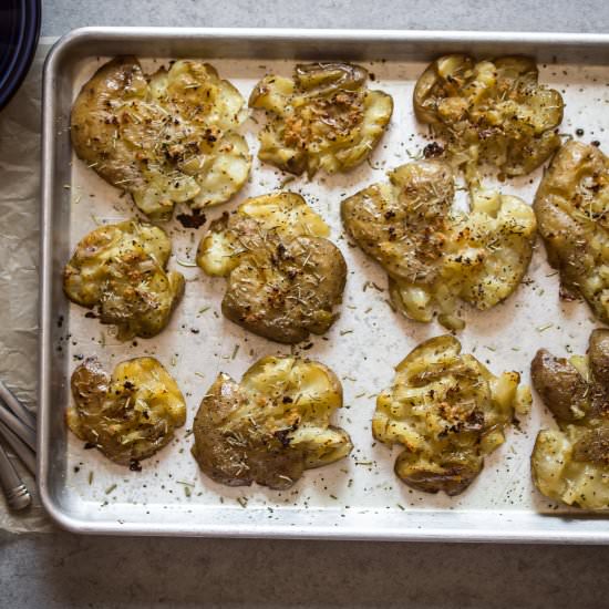 Crispy Garlic Smashed Potatoes - Recipe photo by smallfarmbiglife
