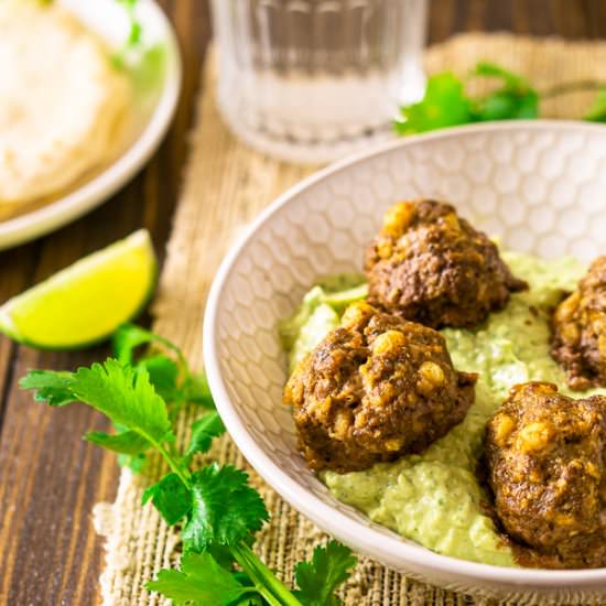 Mexican Meatballs W/ Avocado Crema - Recipe photo by Burrata and Bubbles