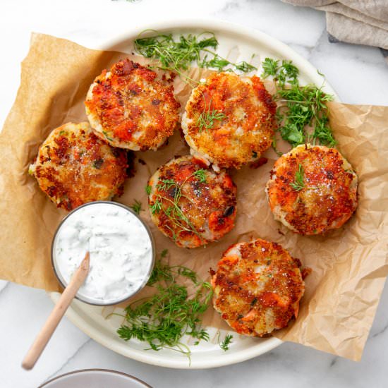 Crispy Salmon Potato Cakes (GF) - Recipe photo by FromScratchFast
