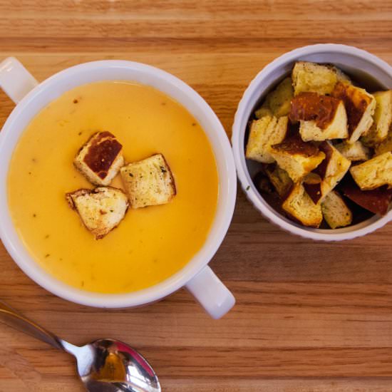 Beer Cheese Soup & Pretzel Croutons - Recipe photo by Flipped-Out Food