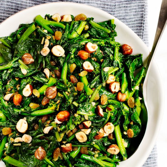 Rapini with Raisins and Hazelnuts - Recipe photo by PinchandSwirl