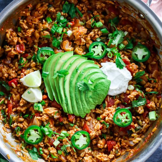 Turkey Taco Orzo Skillet - Recipe photo by tippsinthekitch