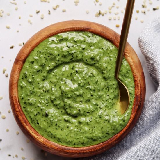 Leafy Green Vegan Pesto - Recipe photo by Donut Worry Be Healthy