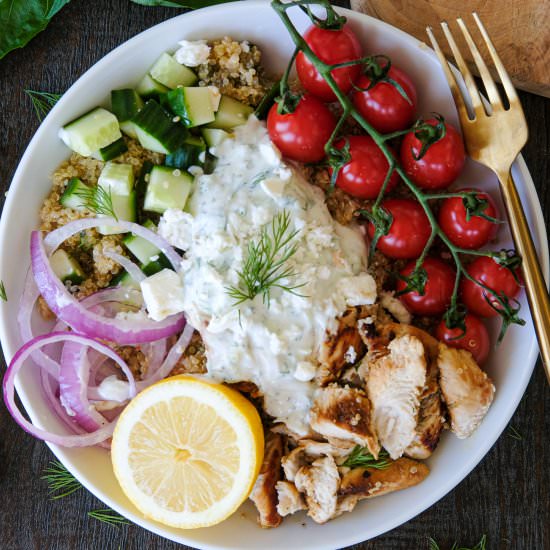 Greek Chicken Quinoa Bowl - Recipe photo by Everyday Gourmet with Blakely