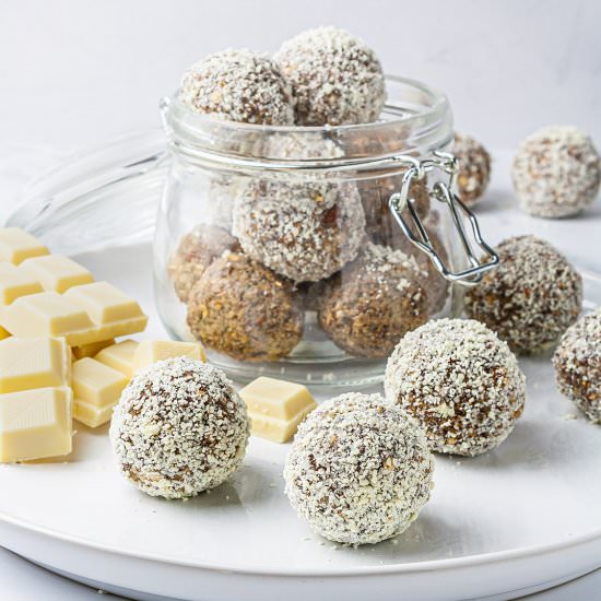Vegan White Chocolate Protein Balls - Recipe photo by foodaciously