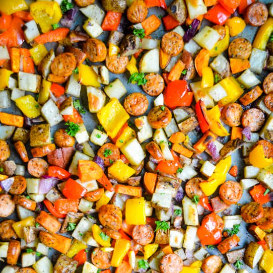 Sheet Pan Roasted Sausage, Peppers - Recipe photo by Kayscleaneats