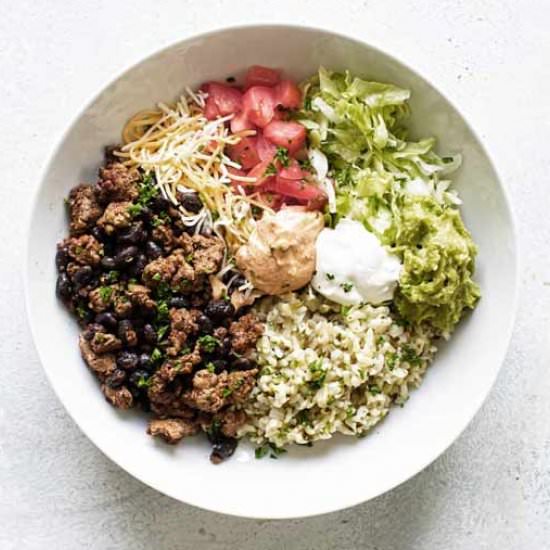 Easy Beef Burrito Bowls - Recipe photo by Girl Gone Gourmet