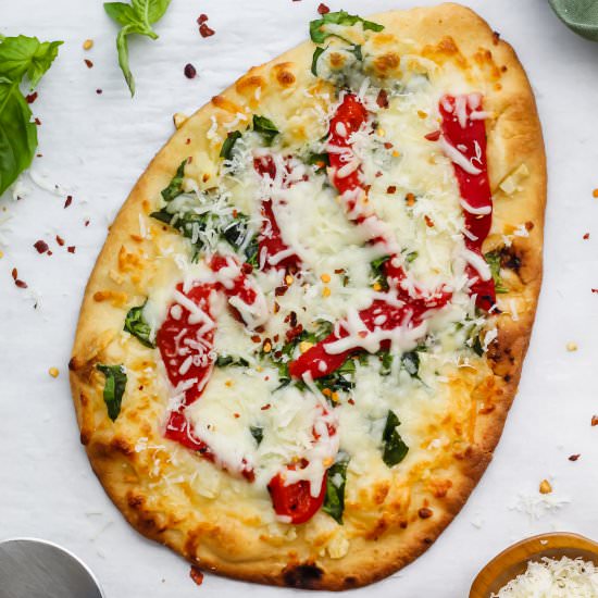 Cheesy Roasted Red Pepper Flatbread - Recipe photo by ourbalancedbowl