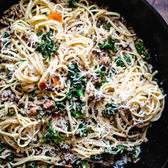 Spicy Sausage and Kale Linguine - Recipe photo by the frozen biscuit