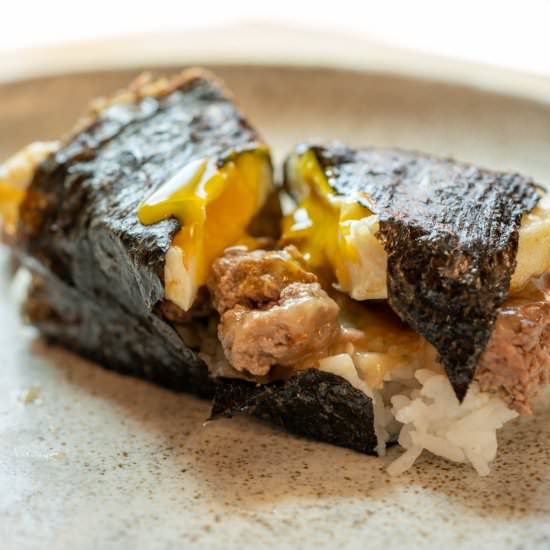 Loco Moco Musubi & Spam Musubi - Recipe photo by Adventures of Carlienne