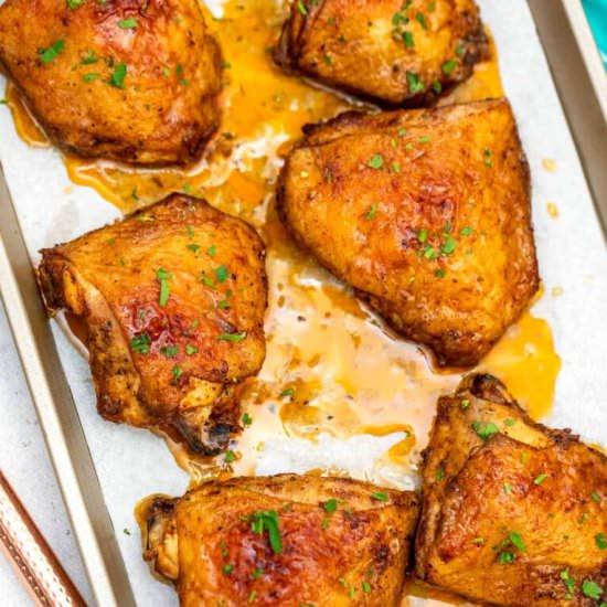 Crispy Baked Chicken Thighs - Recipe photo by peasandpeonies