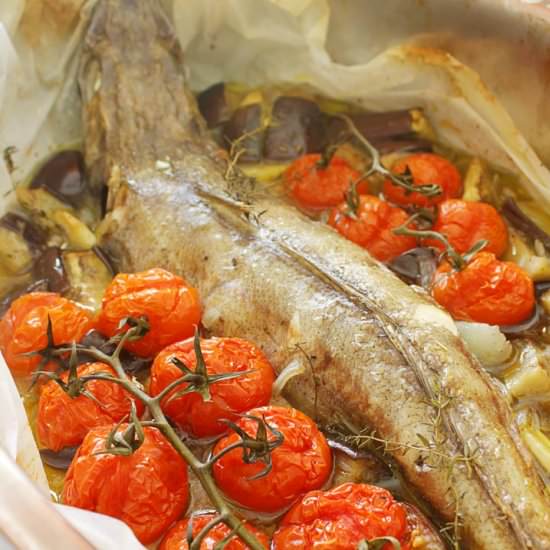 Parchment Baked Cod with Eggplant - Recipe photo by Sylia from 30 Days of Greek Food