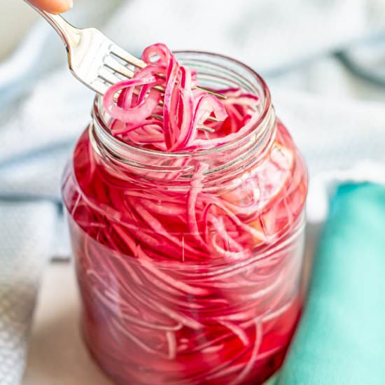 Pickled red onions - Recipe photo by Family Food on the Table