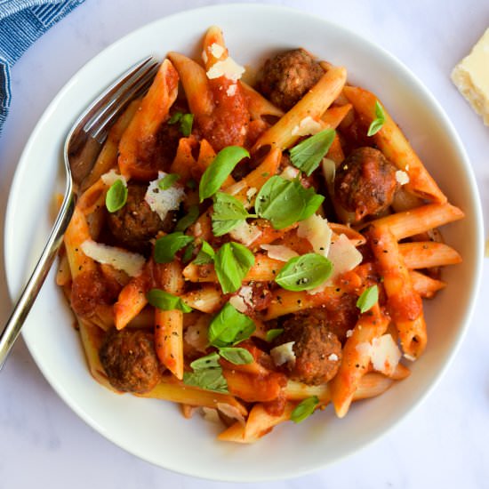 Penne and Mini Meatballs - Recipe photo by missrachelphipps