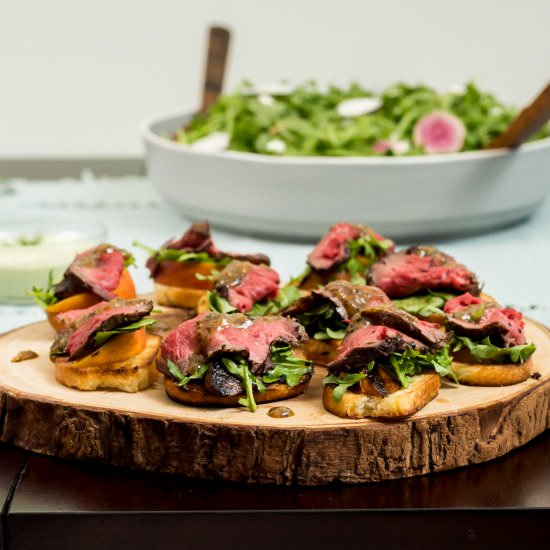 Beef & Arugula Bruschetta w/ peach - Recipe photo by trueaussie
