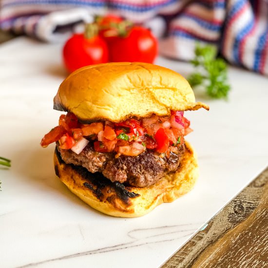 Burgers with Fresh Tomato Relish - Recipe photo by amycaseycooks