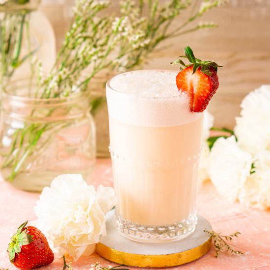 Strawberry-Rhubarb Gin Fizz - Recipe photo by Burrata and Bubbles
