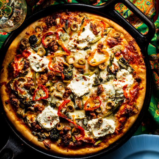 Sausage Rapini Skillet Pizza - Recipe photo by rhubarbandcod