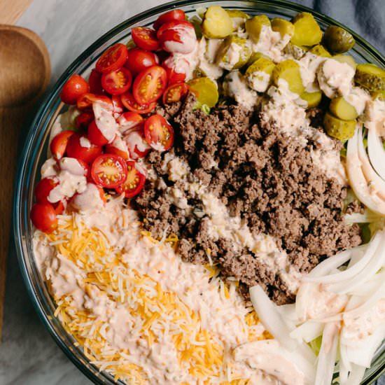 Healthier Cheeseburger Salad - Recipe photo by afullliving