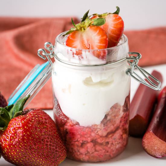 Strawberry Rhubarb Overnight Oats - Recipe photo by TheDeliciousSpoon