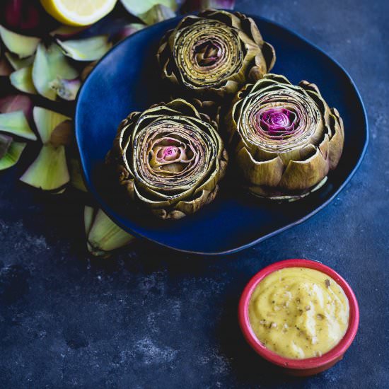Artichokes with Roast Garlic Dip - Recipe photo by cuisinedeli