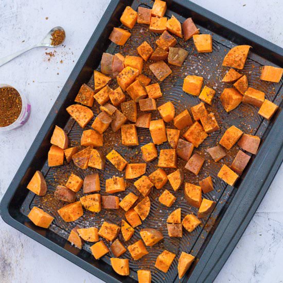 Baharat Roasted Sweet Potato Cubes - Recipe photo by easypeasyfoodie