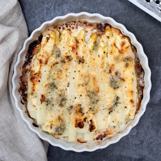 White Asparagus Roquefort Gratin - Recipe photo by Chef Molly