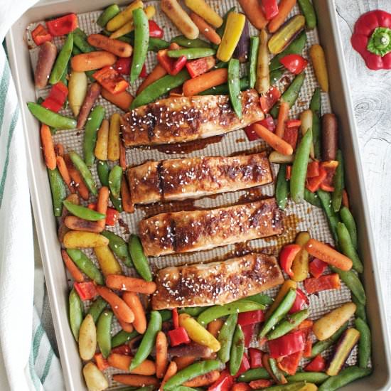 Sheet Pan Miso Glazed Salmon - Recipe photo by peanutbutterandfitness
