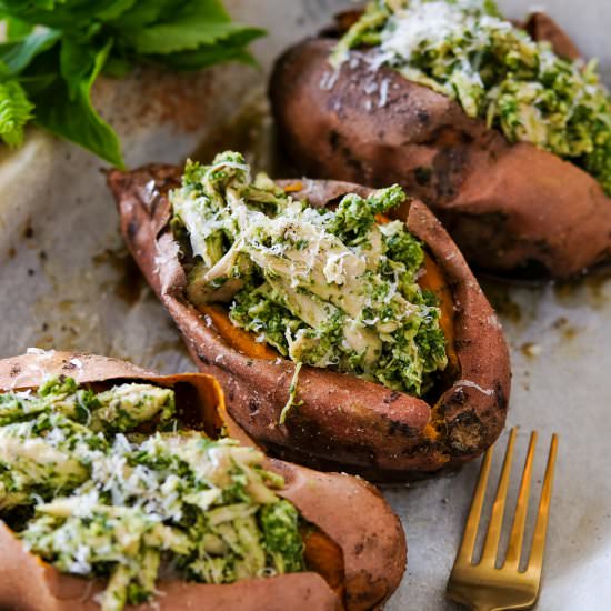 Pesto Chicken Stuffed Sweet Potato - Recipe photo by Everyday Gourmet with Blakely