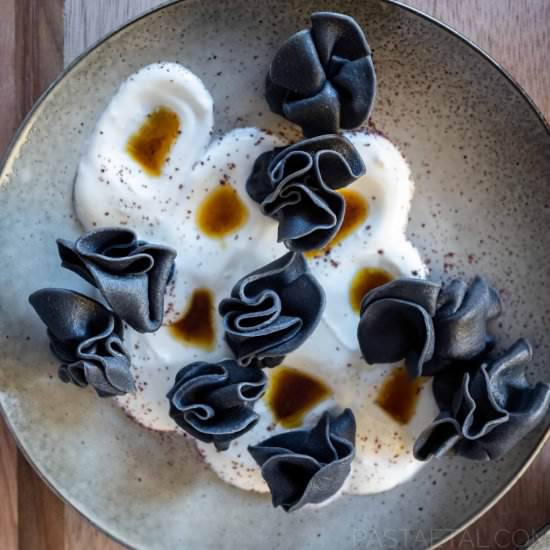 Charcoal Sacchettoni, Garlic Yogurt - Recipe photo by pastaetal