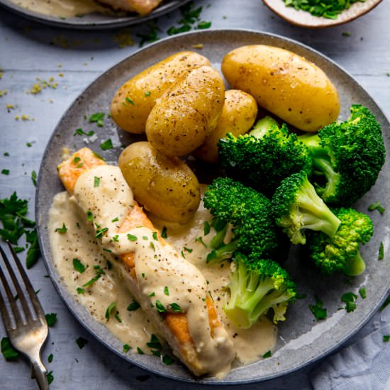 Salmon with Creamy White Wine Sauce - Recipe photo by KitchenSanctuary