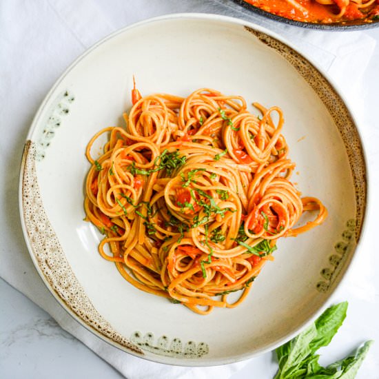 Burst Cherry Tomato + Basil Pasta - Recipe photo by earthly provisions
